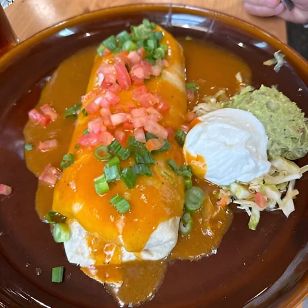 A large, saucy burrito topped with diced tomatoes and green onions, served with guacamole and sour cream.